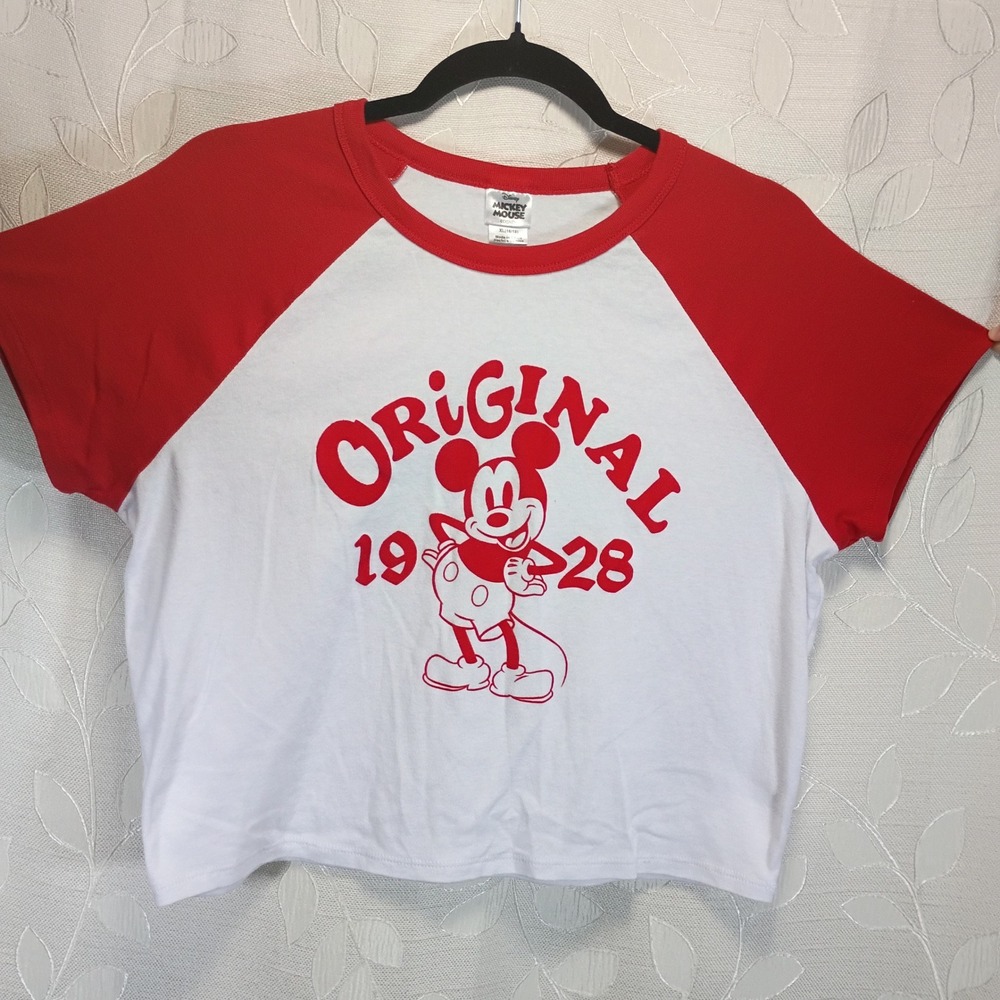 Disney Mickey Mouse Original 1928 Raglan Crop Top Red White XL 16/18